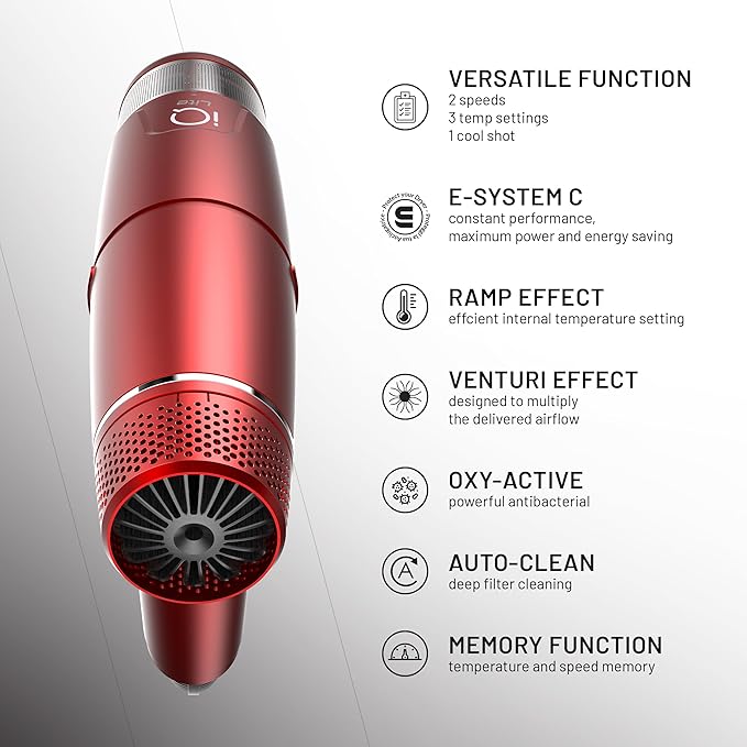 GA.MA iQ LITE Perfetto Hair Dryer with 110000 RPM Intelligent Brushless Motor Dual Filter Oxy-Active Technology Red