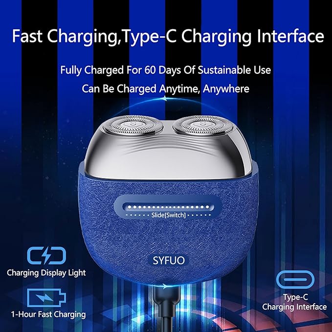 Mini Electric Shavers for Men Portable Electric Razor with IPX7 Waterproof Wet and Dry Shaving USB-C Rechargeable Beard Shaver for Travel Home Blue