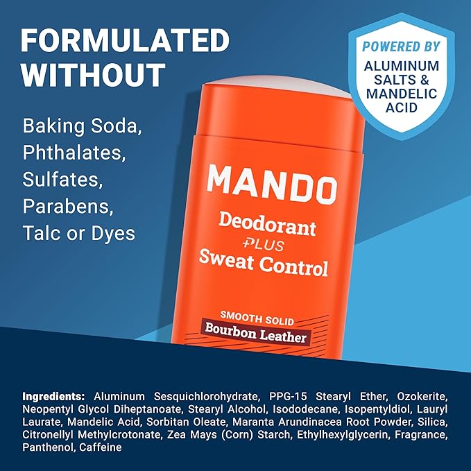 Mando Antiperspirant Deodorant Sweat and Odor Control for Men – Extra Strength Smooth Solid Stick – 72 Hour Performance – Baking Soda Free Skin Safe – 2.6 oz – Bourbon Leather – Pack of 2