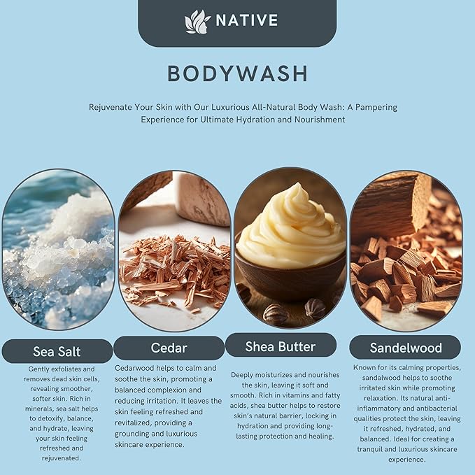 Native Body Wash 2 Pack - Sandelwood and Shea Butter &amp Sea Salt and Cedar 18oz Clean Body Cleanser Sulfate-Free Paraben-Free Formula for All Skin Types