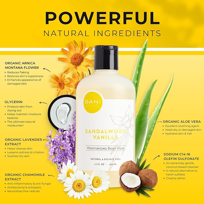 DANI Naturals Body Wash - Warm Sandalwood Vanilla Scent with Organic Aloe Vera &amp Natural Glycerin - Sulfate &amp Paraben-Free Shower Gel - For Men &amp Women - 12 oz - Vegan &amp Cruelty-Free