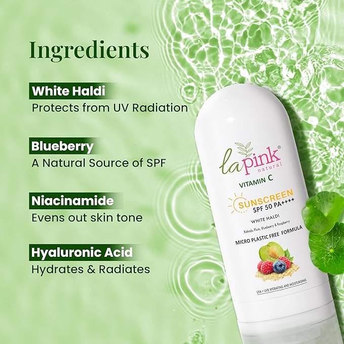 La Pink Vitamin C Sunscreen For Men and Women | SPF 50 PA++++ UVA + UVB Hydration &amp Moisturization 100% Microplastic Free Formulation | Non Greasy | Zero White Cast | 50gm