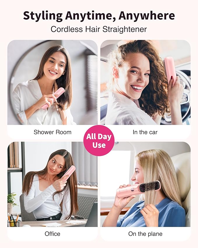 Cordless Hair Straightener - Portable Hot Hair Comb for Travel - 45s Fast Heating - 300 Million Negative Ions for Frizz-Free Gift for Women10000mAh