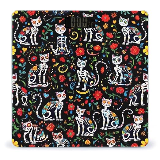 Women's Fashion Automatic Switch Digital Bathroom Weighing Scale Smart Scale Day of The Dead Black Cat Rose Sugar Skull Skeleton
