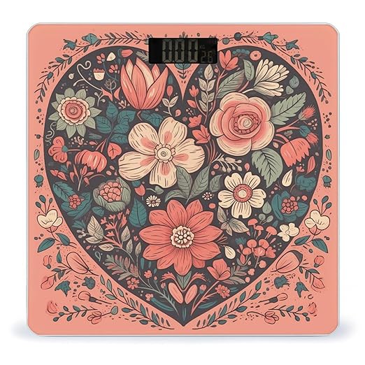 Heart with Flowers Scale for Body Weight Anti-Slip Tempered Glass Digital Bathroom Scales Clear LCD Display Weighing Scale Safe Rounded Corners Smart Scales