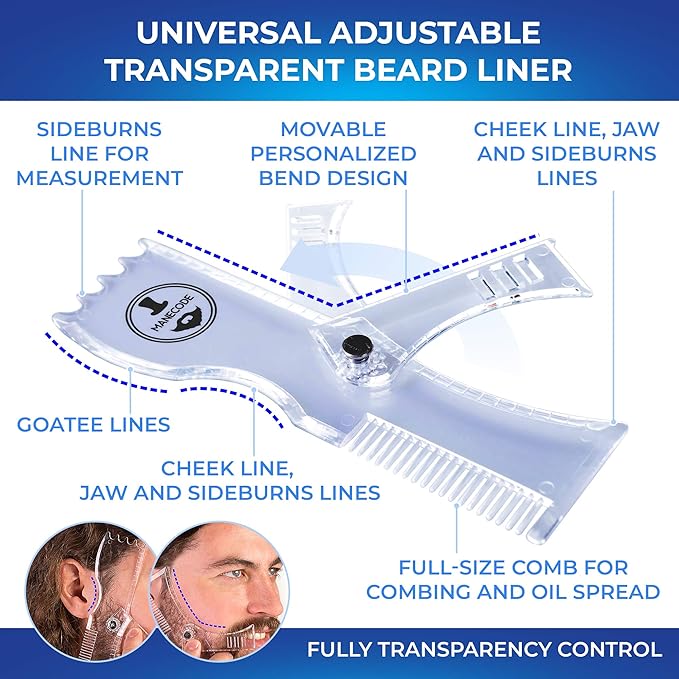 Beard Shaping Kit - Grooming Tools for Men - Adjustable Lineup Template Premium Wooden Comb Laser Sharpening Scissors All in Hygiene Travel Case
