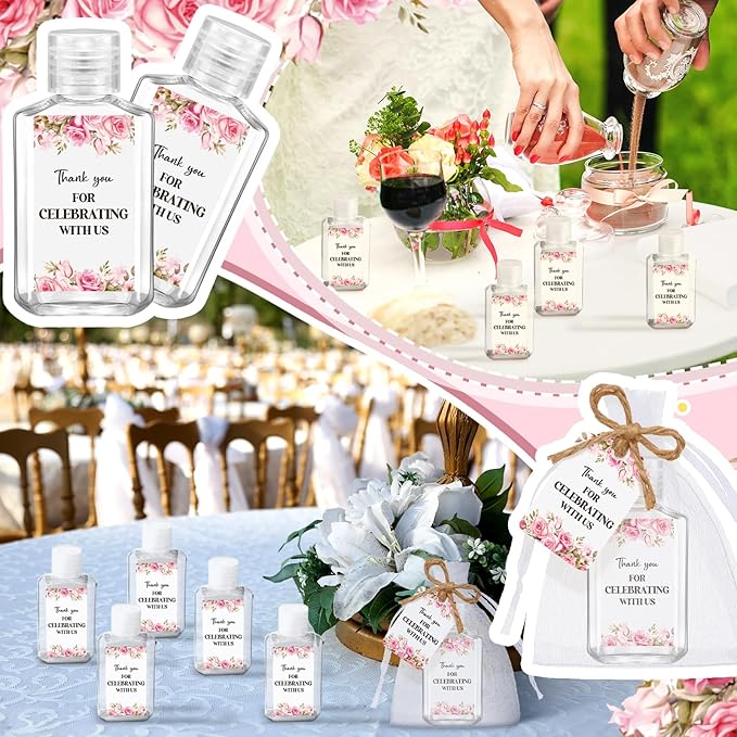 50 Sets Mini Hand Sanitizer Bottles Bulk 2oz Empty Christmas Hand Sanitizer Travel Size Wedding Favors for Guests with Organza Bags Thank You Tags for Woman Employees(FlowerPink)