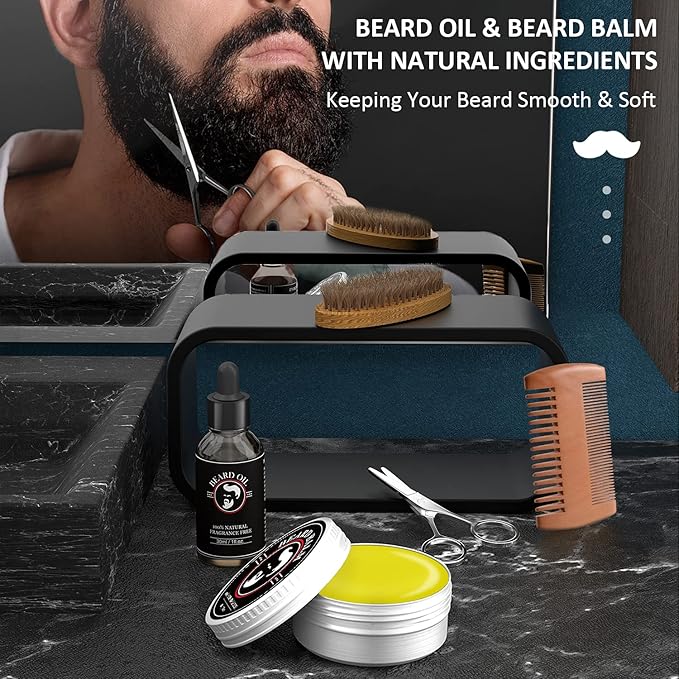 Valentines Gifts for Him Beard Kit for Men Beard Growth and Grooming Kit w/Beard Oil Beard Balm Beard Brush Beard Comb Beard Scissors Christmas Birthday Gifts for Men Husband Grandpa Boyfriend Son