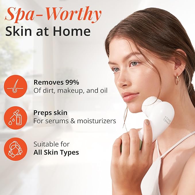 Vanity Planet Raedia Facial Cleansing Brush - Electric Facial Cleansing Brush with 4 Exfoliating Brush Heads - Waterproof Handheld Lightweight for Face Scrubber and Exfoliating Face - Warm Grey