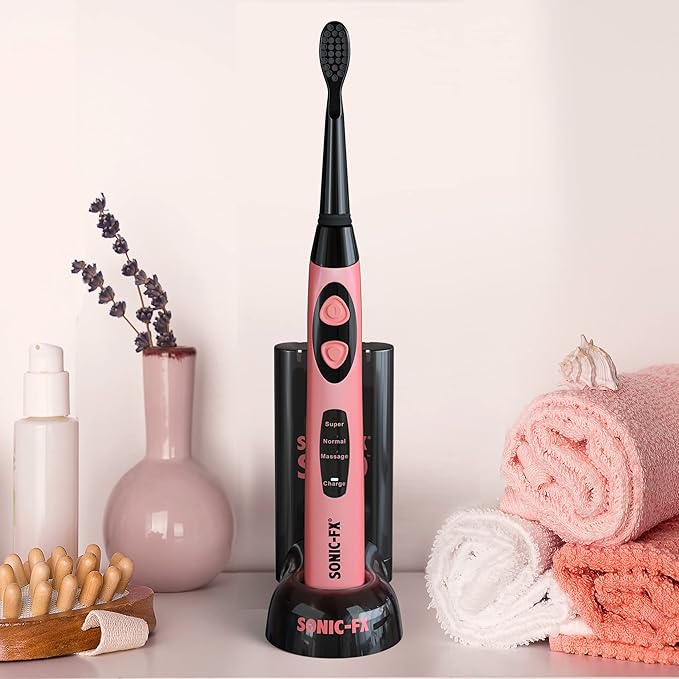 Sonic-FX Solo Electric Toothbrush w/ 10 Brush Heads + 1 Interdental Charcoal Bristles Rechargeable Charging/Storage Base 3 Brush Modes Smart Timer 2 Months Use on Full Charge Coral Color