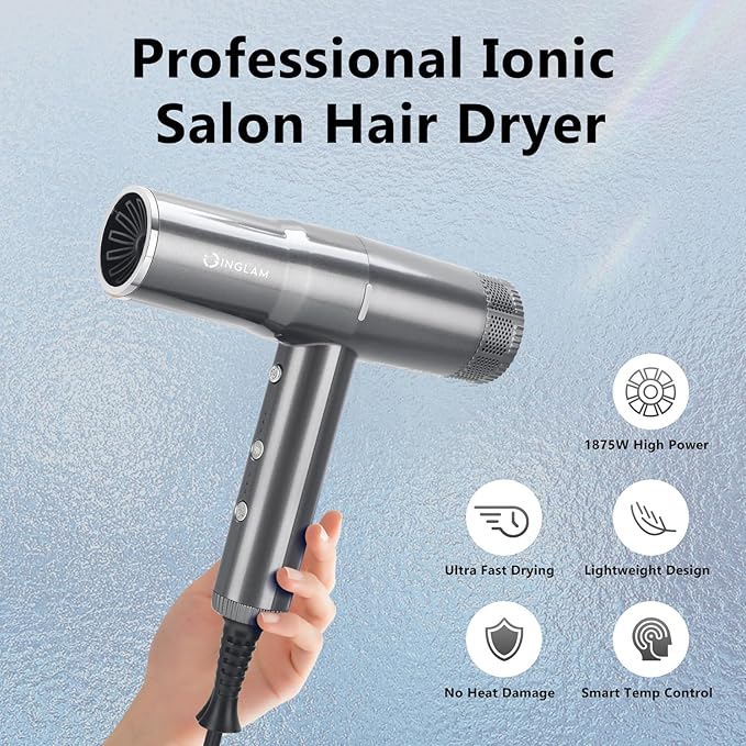 Hair Dryer with Diffuser IG INGLAM 1875W Professional Ionic Blow Dryer 110 000 RPM High-Speed Brushless Motor Auto-Clean 3 Heat Settings &amp 3 Speed &amp Cool Shot Button Settings for Easy Hom