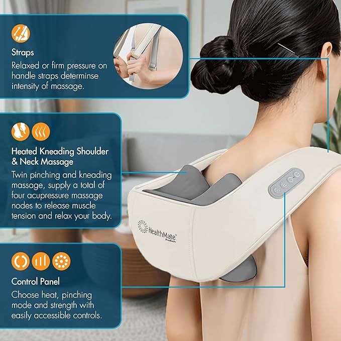 HEALTHMATE IN9532 Kneading Shoulder and Neck Massager for Pain Relief Deep Tissue 6D Shiatsu Neck and Shoulder with Heat Rechargeable Cordless Back Massager for Home Office Car Use Gifts
