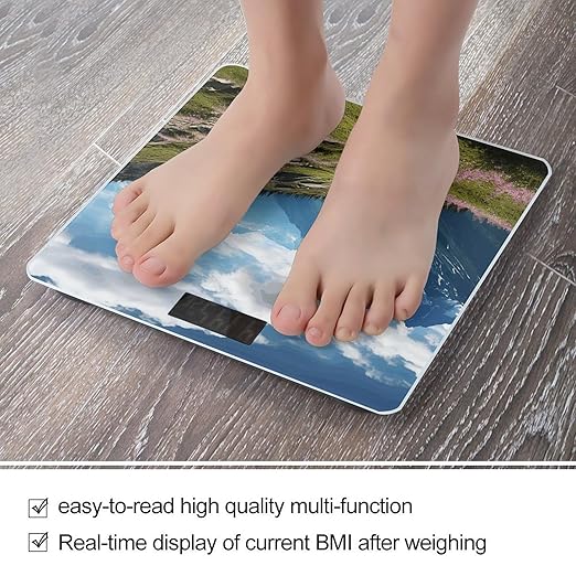 Mountains Scale for Body Weight Anti-Slip Tempered Glass Digital Bathroom Scales Clear LCD Display Weighing Scale Safe Rounded Corners Smart Scales