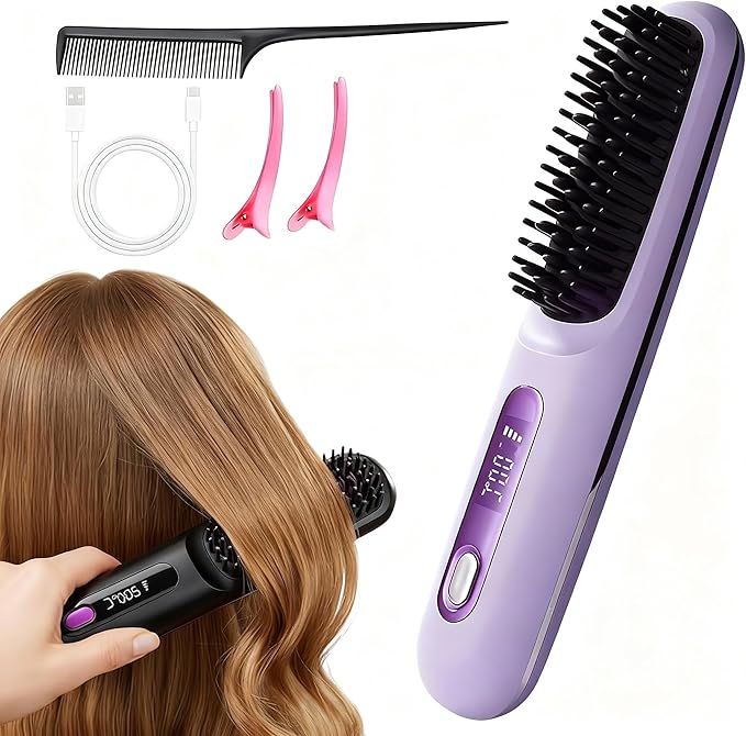 2026 New Cordless Hair Straightening Brush with LCD Display Fast Heating Portable Hair Straightener USB-C Charging for Travel Home (Purple)