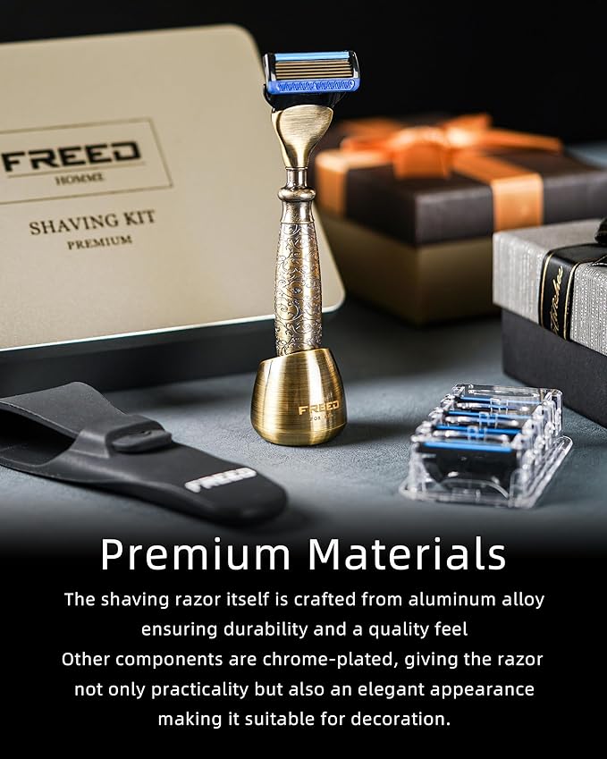 FREED Customized gifts Engraving Shaving Kit - Safety Razor with metal handle include razor base razor travel case and 5 Razor Blade Refillsit's the best gift for men (Bronze)