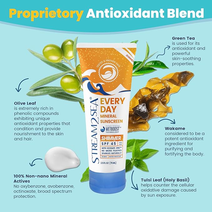SPF 45 Every Day Shimmer Mineral Sunscreen | 2.5 Fl Oz Biodegradable Paraben Free &amp Reef Safe Sunscreen | Non-Greasy Lightweight &amp Shimmer Mineral Protection Against UVA &amp UVB for Face &