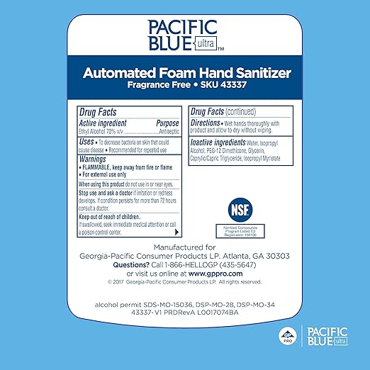 Georgia-Pacific (43337 Pacific Blue Ultra Foam Hand Sanitizer Refill for Pacific Blue Ultra Automated Touchless Dispenser Dye and Fragrance-Free 33.8 FL OZ 3 Refills Per Case