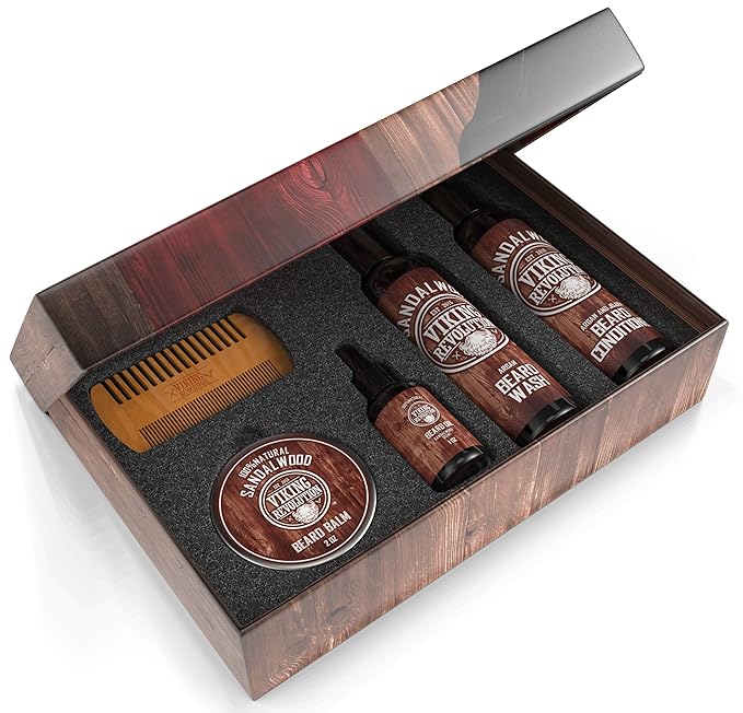 Viking Revolution Ultimate Conditioner for Men's Beard Grooming - Softens Smoothes and Soothes Beard Itch- Contains Wash Conditioner Oil Balm and Comb- Sandalwood Scent