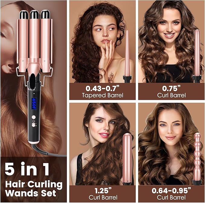 Bo'laiya 5 in 1 Curling Wand Set with Temperature Display Curling Iron Set with 5 Interchangeable Ceramic Curling Wands Instant Heat Up Suitable for All Hair Types (Rose Gold)