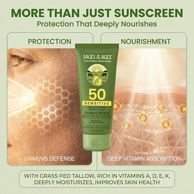 Organic Tallow Mineral Sunscreen SPF 50 with Non-Nano Zinc Oxide — Reef Safe UVA/UVB Broad Spectrum Sunblock Water Resistant 80 Min Moisturizing Lotion for Face &amp Body 3.4 fl oz