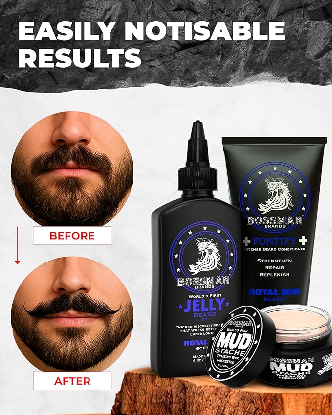 Bossman Big Boss Beard Care Kit for Men - 7 Piece Beard Grooming Kit with Jelly Beard Oil Beard Conditioner Beard Balm MUDstache Wax Bar Soap Metal Comb Brush - Gift Set for Men (Naked)