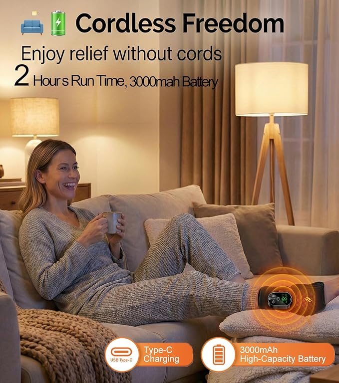 Foot Massager for Neuropathy Plantar Fasciitis Pain Relief Cordless Heated Vibrating Cloud-Soft Ankle Wrap Feet Massage Portable 2H Run Time 6 Heats 3 Modes Auto-Off Timer1 Pair