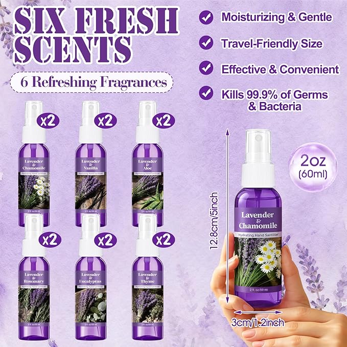 12 Pcs Lavender Hand Sanitizer Spray Bulk Scented Hydrating Hand Sanitizer Spray Travel Size 2 Fl oz Portable Pocket Bottle for Women Men Adults Office Family School Christmas Stocking Stuffers