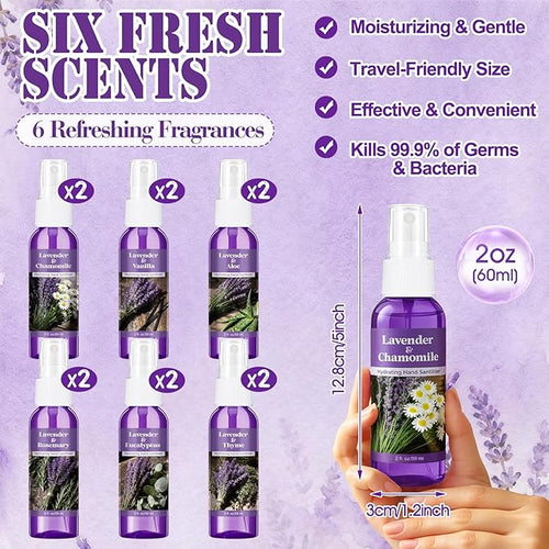 12 Pcs Lavender Hand Sanitizer Spray Bulk Scented Hydrating Hand Sanitizer Spray Travel Size 2 Fl oz Portable Pocket Bottle for Women Men Adults Office Family School Christmas Stocking Stuffers