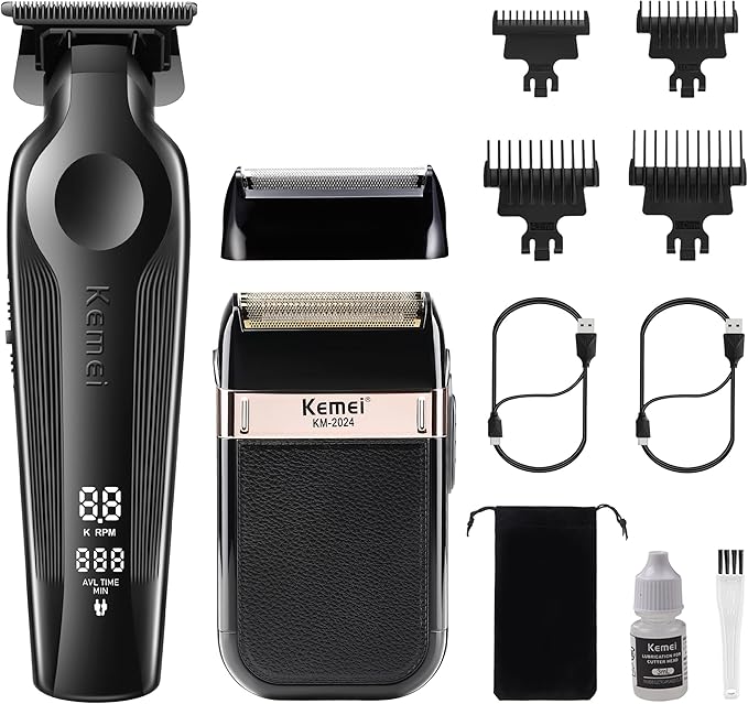KEMEI Hair Trimmer and Foil Shaver for Men Cordless Hair Clippers Beard Trimmer with T Blade Waterproof Razor Shaver Rechargeable Barber Clippers with LED Display KM-264 Black KM-2024