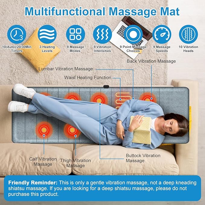 Full Body Massage Mat Electric Pad Cushion Heat Vibration Massage Pad with 10 Vibration Motors 3 Timers Inflatable Head Pillow Relax for Back Head Lumbar