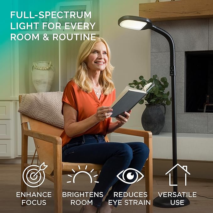 Verilux SmartLight Full Spectrum LED Modern Floor Lamp with Adjustable Brightness Flexible Gooseneck and Easy Controls - Reduces Eye Strain and Fatigue - Ideal for Reading Artists Craft (Black)