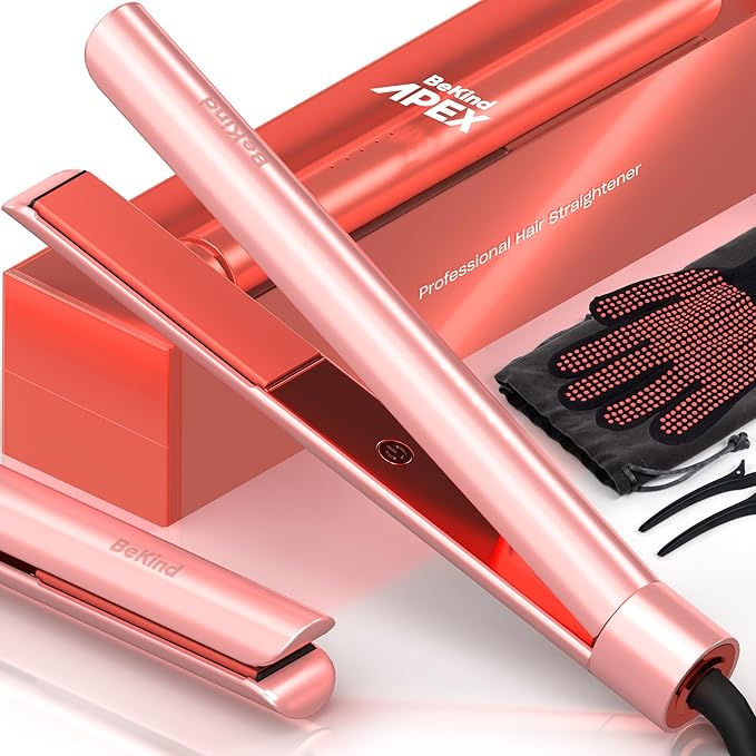 2-in-1 Hair Straightener Flat Iron by BeKind Apex | 1“ 460°F Straightener and Curler for All Hairstyles | UltraSmooth Tech | 15s Fast Heating &amp Temp Memory | Gift Set for Girls Women (Apex Peach)