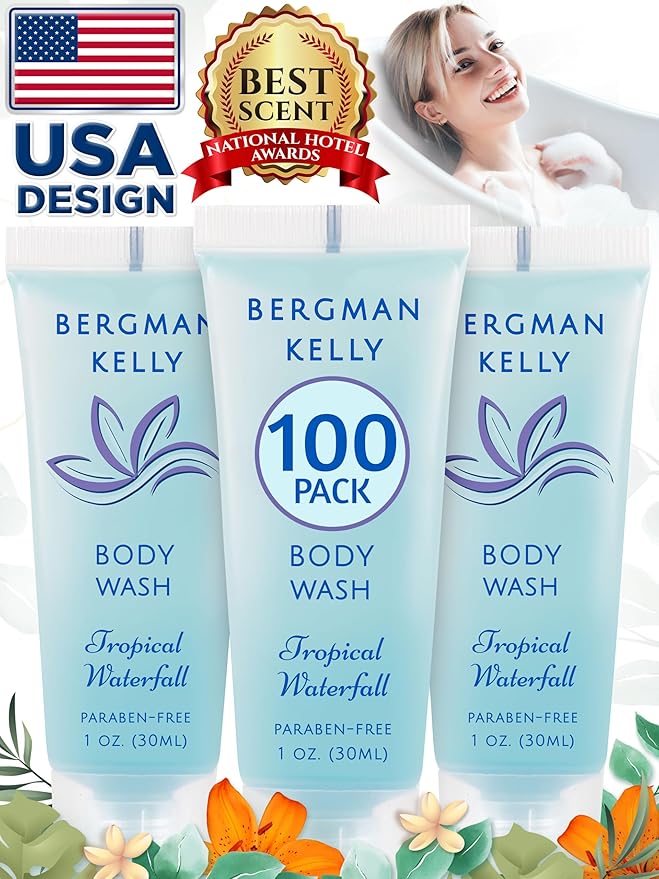 BERGMAN KELLY Travel Size Body Wash (1 fl oz 100 PK Tropical Waterfall) Delight Your Guests with an Invigorating and Refreshing Hotel Body Wash Mini and Small Size Guest Hotel Toiletries in Bulk