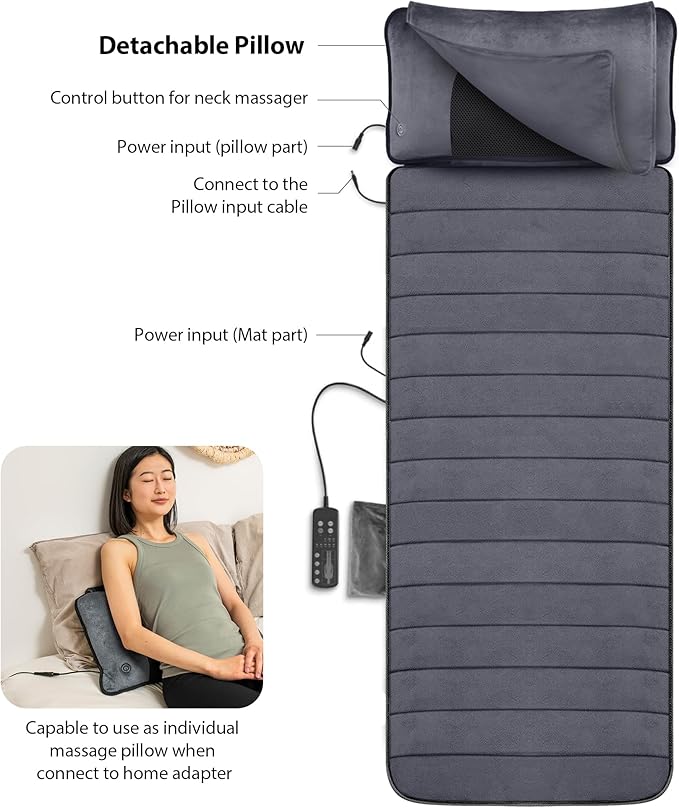 COMFIER Full Body Massage Mat with Movable Neck Pillow 10 Vibrating Motors &amp 4 Heating Pads Back Massage Pad Father's Day Gifts for Dad Men