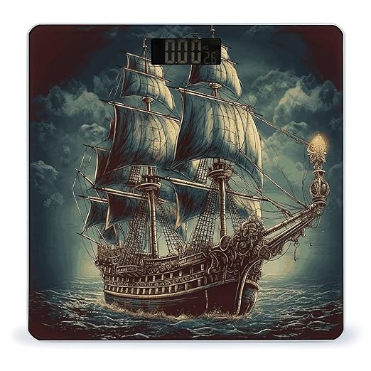 Nautical Vintage Sailing Pirate Ship Scale for Body Weight Anti-Slip Tempered Glass Digital Bathroom Scales Clear LCD Display Weighing Scale Safe Rounded Corners Smart Scales