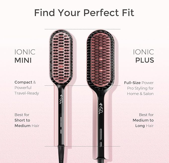 TYMO Hair Straightener Brush Upgraded Ionic Compact Straightening Brush for Women with Wave-Design Bristles Fast Smooth Styling Lightweight Hot Comb &amp Travel Flat Iron 1 Billion Ions Pink