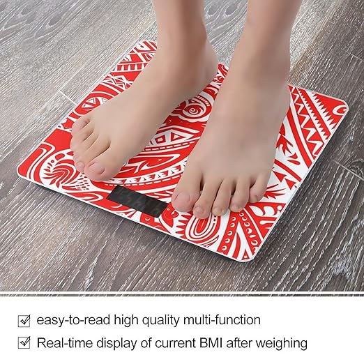 White and Red Tribal Pattern Scale for Body Weight Anti-Slip Digital Bathroom Scale Sturdy Toughened Glass Weighing Scales High Precision Safe Rounded Corners Smart Scales