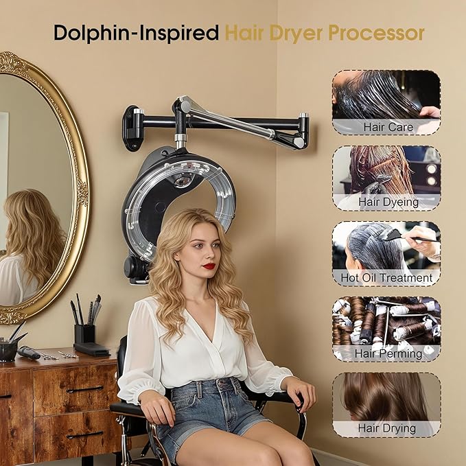 BarberPub Wall Mounted Orbiting Hair Dryer Processor with Smart Control Panel 950W Salon Hair Care Treatment Machine with Swivel Arm Space-Saving Barber Equipment HDP05
