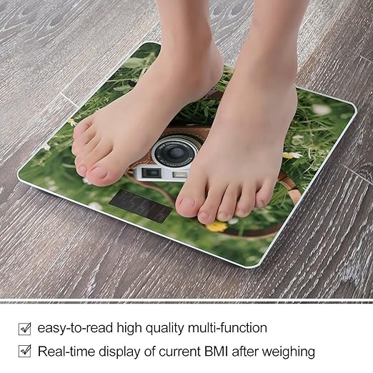 Vintage Leather Camera Scale for Body Weight Sturdy Tempered Glass Weighing Scales with LCD Display Accurate Digital Bathroom Scale Convenient Body Fat Smart Scales Easy Read