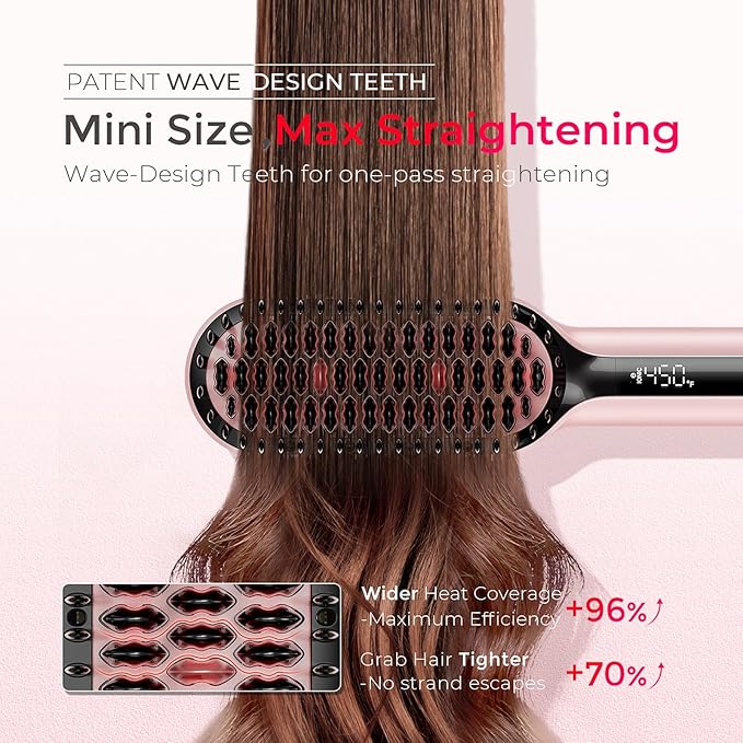 TYMO Hair Straightener Brush Upgraded Ionic Compact Straightening Brush for Women with Wave-Design Bristles Fast Smooth Styling Lightweight Hot Comb &amp Travel Flat Iron 1 Billion Ions Pink