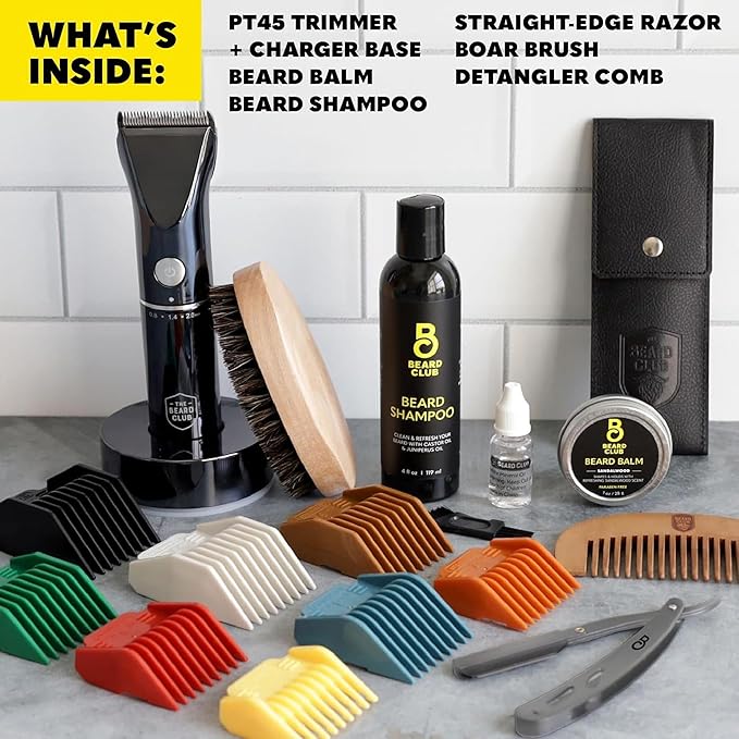 Beard Club Mens Grooming Kit &amp Beard Trimmer for Men - Professional Cordless Electric Hair &amp Moustache Trimmer Straight Razor Shampoo Balm Brush &amp Comb - Grooming Kit Gift Set