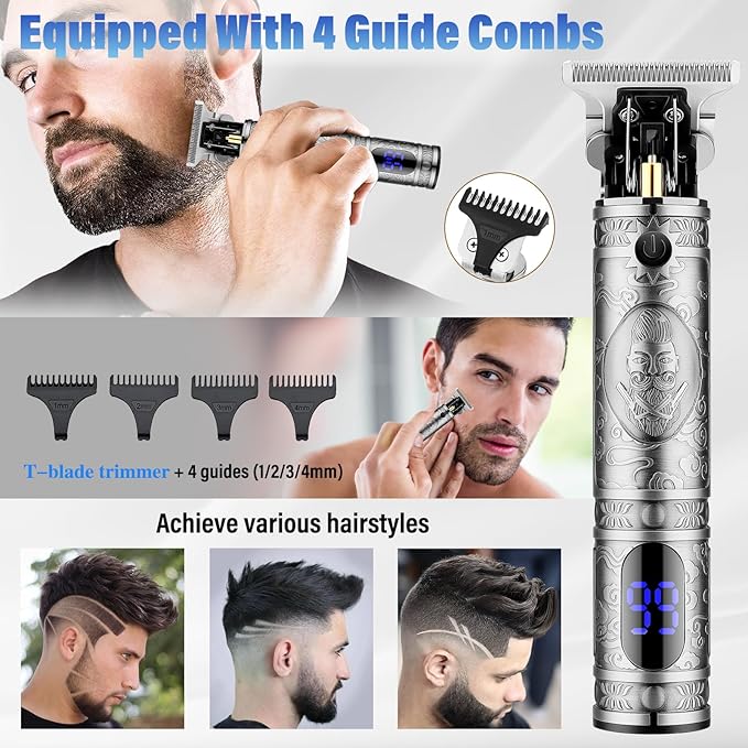 Professional Hair Trimmer Hair Clippers for Men Nose Hair Trimmer Shaver SetCordless T-Blade Beard Trimmer Barber ClippersElectric Razor Foil Shavers for Men Haircut Grooming Kit(Silver)