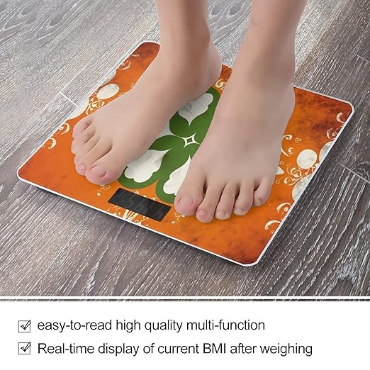 Green and White Pattern Scale for Body Weight Anti-Slip Tempered Glass Digital Bathroom Scales Clear LCD Display Weighing Scale Safe Rounded Corners Smart Scales