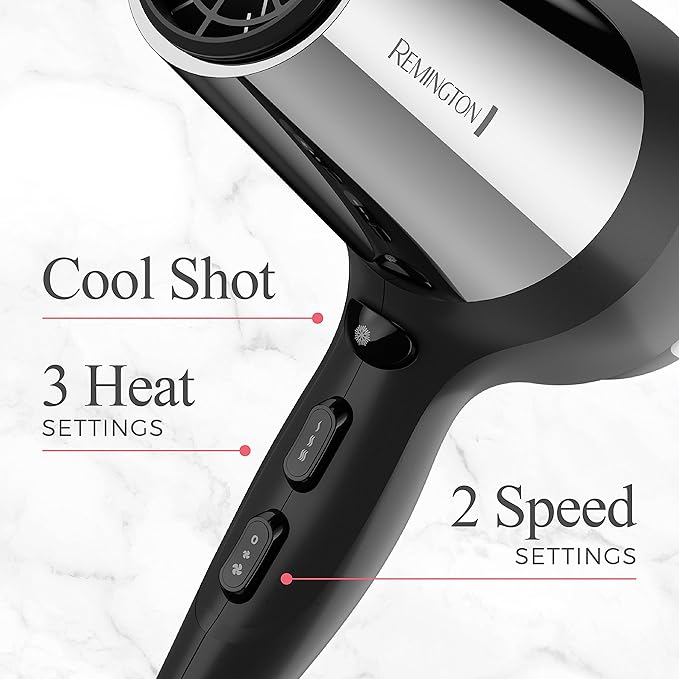Remington Impact Resistant Hair Dryer 1875-Watt Blow Dryer with Tourmaline Titanium &amp Ceramic Technology 3 Heat 2 Speed Settings Cool Shot Diffuser &amp Concentrator Attachments