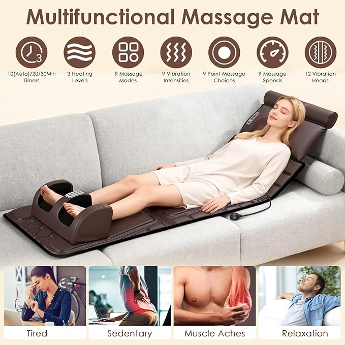 Full Body Massage Mat with Heat &ampVibration - PU Leather Shiatsu Back Massager Heat Timer Neck&amp Foot Massager Lumbar Pillow&ampHead Pillow Massage Chair Pad Anti-Slip Bottom for Stress Relief