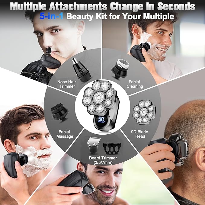 9D Electric Head Shavers for Bald Men Upgraded 5-in-1 Waterproof Wet/Dry Grooming Kit Electric Shaver for Men Cordless Rechargeable Bald Head Razor for Home&ampTravel
