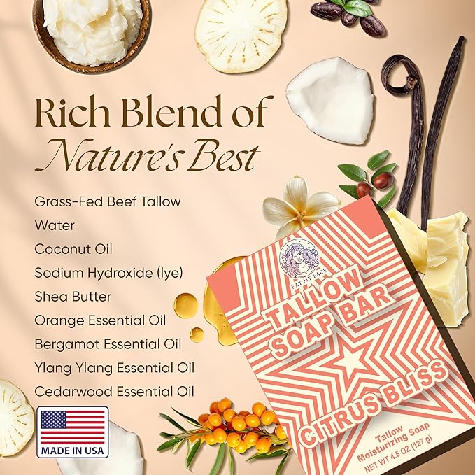 Eat My Face 2 Beef Tallow Sunscreens SPF 30 &amp 2 Beef Tallow Soaps Bundle Organic Sunscreen for Face with Non Nano Zinc Oxide Citrus Bergamot Soap Bar Moisturizing Handmade Tallow Soap