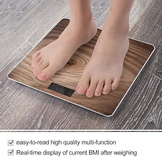 Wood Grain Scale for Body Weight Anti-Slip Tempered Glass Digital Bathroom Scales Clear LCD Display Weighing Scale Safe Rounded Corners Smart Scales