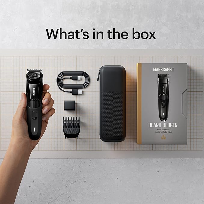 MANSCAPED® The Beard Hedger® Men's Premium Beard Trimmer 20 Length Adjustable Blade Wheel Stainless Steel T-Blade for Precision Facial Hair Trimming Cordless Waterproof Wet/Dry Clipper