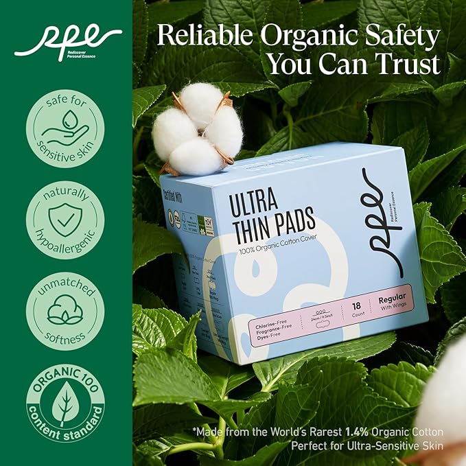 Organic Feminine Care Bundle: Large pH-Balanced Wipes &amp Ultra-Thin Absorbent Sanitary Pads for Women 10ct Wipes + (Regular Size 3 108 Count)